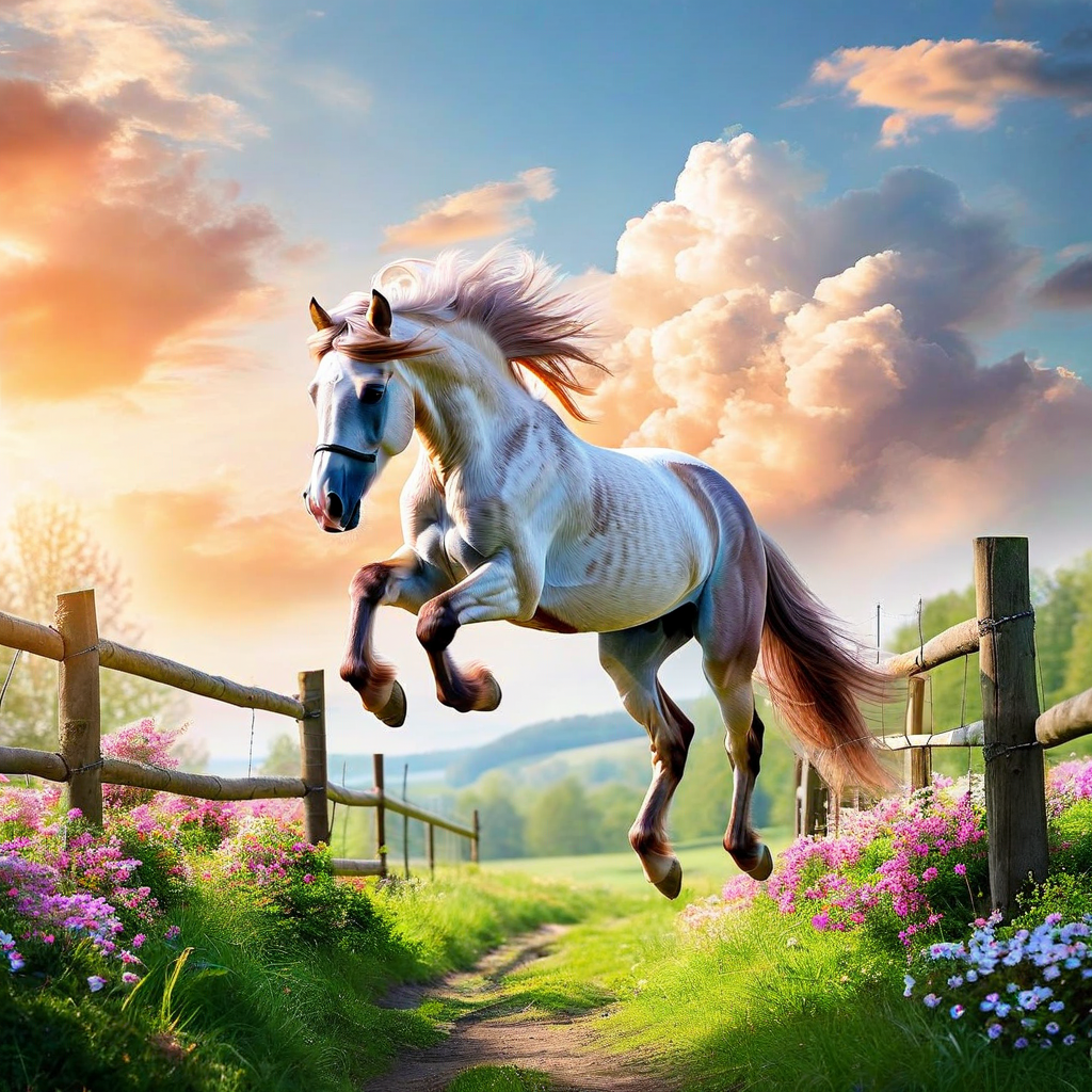 Freedom's Leap Through Blooming Fields