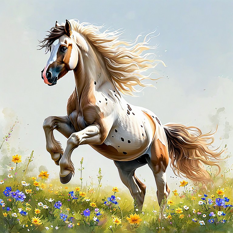 A pony rearing proudly in a meadow with wildflowers